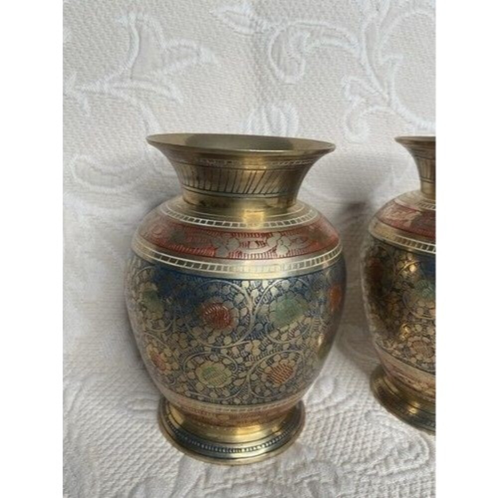 VTG Hand Engraving MultiFloral Set of 2 Mini Etched Brass Bud Vases 5” Tall Gold - Picture 10 of 14